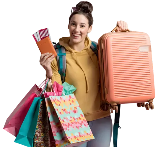 Viajante feliz no Mês do Consumidor