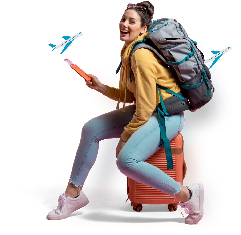 Ilustração de personagem representando viajante feliz planejando viagem